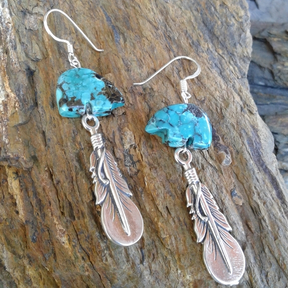Sterling Silver Turquoise Bear Feather Earrings - Picture 4 of 7